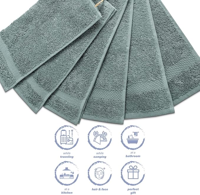 Hencely Premium 6-Pack Washcloths 12x12 Inches Soft Turkish Cotton High Absorbent and Quick Dry Dishtowel for Kitchen and Bath (Wash Cloth 6 Pack, Dark Green)