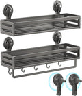 Shower Caddy Suction Cup, 15.8 inch 2 Pack Suction Shower Shelf with Hooks NO-Drilling Bathroom Holder, Rustproof Bathroom Organizer, Includes 2 Extra Suction Cups, Dark Grey