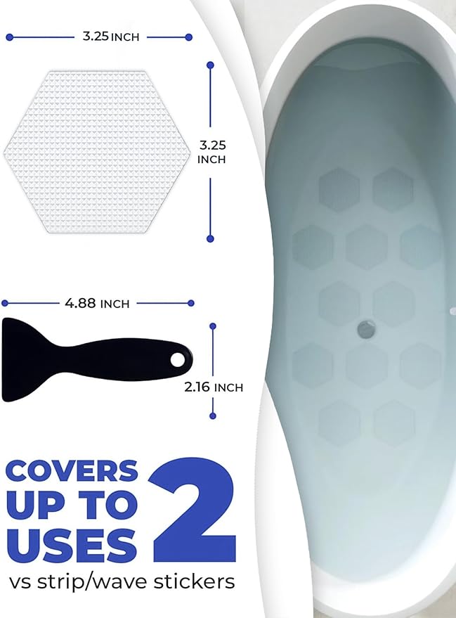 Anti-Slip Shower Stickers for Tub & Shower Floor — Original White Hex Non-Slip Bathtub Stickers, 24 Pack 3.25”, Micro-Pyramid Grip, Scraper Included, Easy Apply