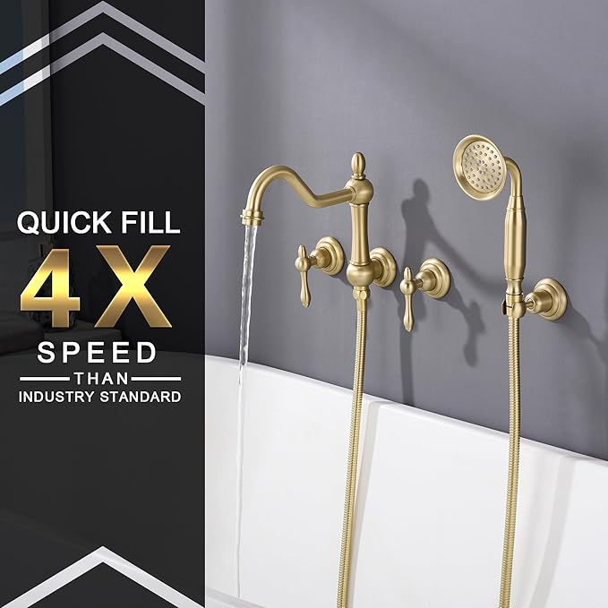 SUMERAIN Wall Mount Tub Faucet with Hand Shower, Brushed Gold Traditional Style Bathtub Faucet, Rough-in Valve Included