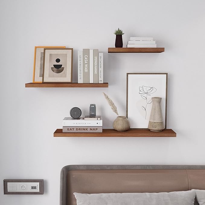 SAUMONIERES Floating Wall Shelves for Bedroom Bathroom Wall Mounted Solid Wood Shelf 24 Inch Set of 2, Walnut Floating Shelves