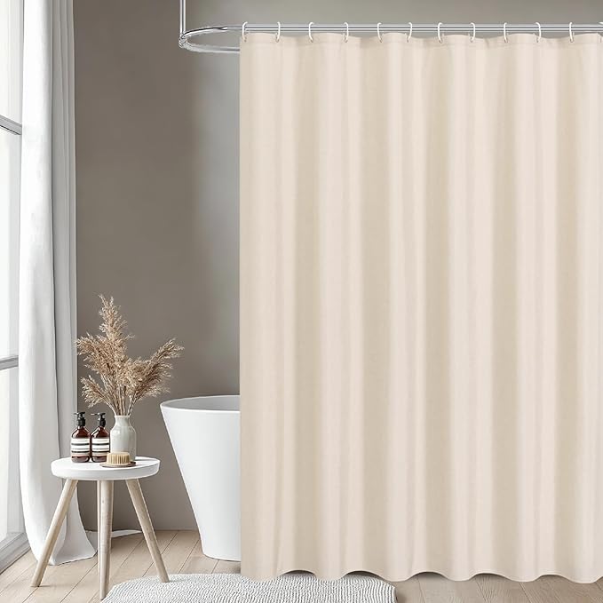2-in-1 Waterproof Long Fabric Shower Curtain or Liner,Linen Textured,78 Inch Breathable TPU & Washable Bathroom Shower Curtain Set with 12 Plastic Hooks,Modern,72"x78" Cream