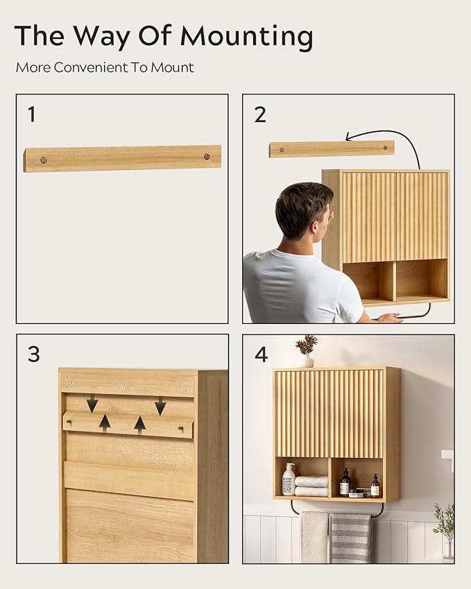 Fluted Wall Cabinet, Modern Wood Floating Bathroom Cabinet with Hanging Rod and Adjustable Shelf, Wall Mount Medicine Cabinet Natural Oak