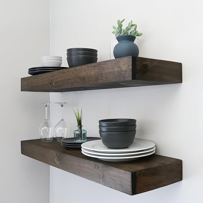Urbandi Modern Floating Shelves 3 Inches Thick for Wall, Wide Shelves for Kitchen, Living Room, Bedroom, and Bathroom, Natural Pine Wood, Rustic Wooden Shelf, (Set of 2) (Jacobean, 36Lx3Hx8D)