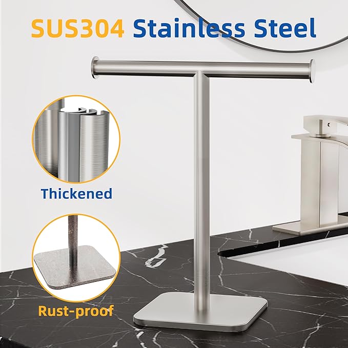 RUACQ T-Shape Hand Towel Holder Stand, Weighted Base Towel Rack, Countertop Towel Holder for Bathroom, 304 Stainless Steel, Heavy Duty (Brushed Nickel)