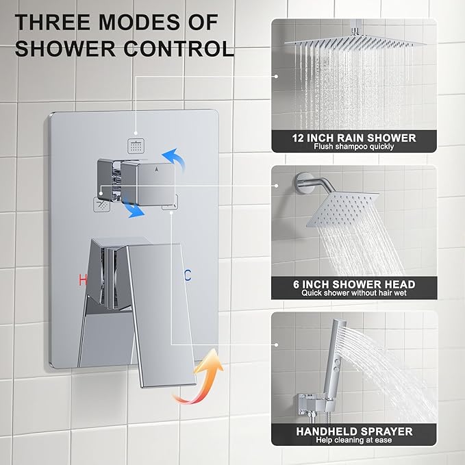 Chrome Shower Faucet Set, Ceiling Mount Shower System 12" & 6" Dual Shower Head Set with 2 in 1 Handheld Spray Rain Shower Head Sets with Rough-in Valve and Shower Trim Kit, Polished Chrome