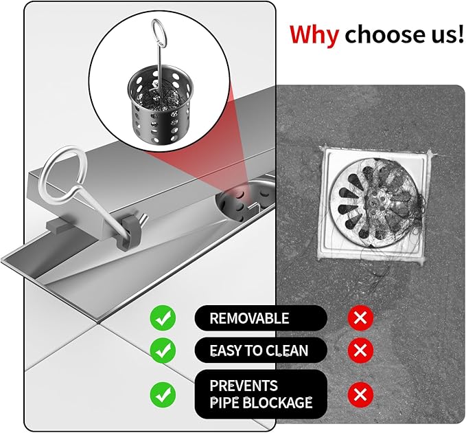 Linear Shower Drain, 304 Stainless Steel with Adjustable Leveling Feet, Hair Strainer,Reversely Install Place to Create an Invisible Floor Drain - Silver -24-Inch