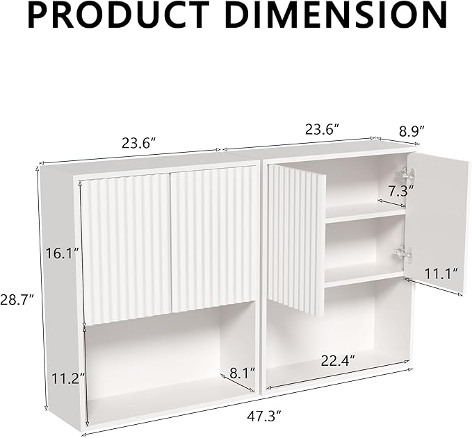 Fluted Bathroom Wall Cabinet Over The Toilet Storage,Wall Mounted Cabinet with Adjustable Shelf,Floating and Hanging Organizer,Kitchen and Laundry Room Storage (White-2 Pcs)