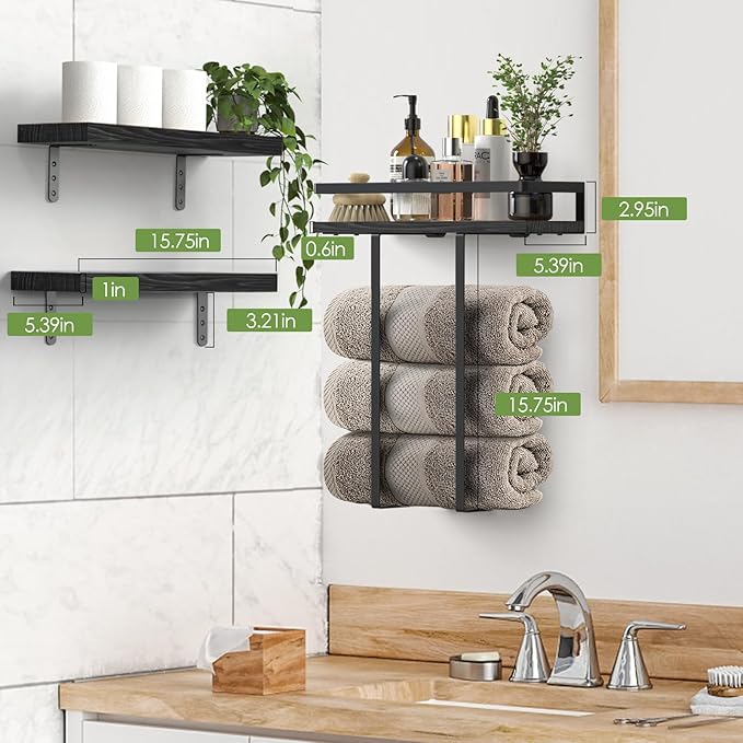 Towel Racks for Bathroom-Wall Mounted Floating Shelves for Wall Bathroom Bedroom Kitchen Living Room, Hanging Book Shelves Decor Bathroom Organizer, 16 inch Solid Wood, (Black, Set of 3, 16in)