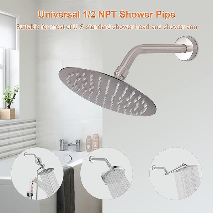 HarJue Shower Arm with Flange and Teflon Tape, Wall Mounted Shower Pipe 304 Stainless Steel Extension Arm for Fixed Shower Head & Handheld (8 Inch, Brushed Nickel)