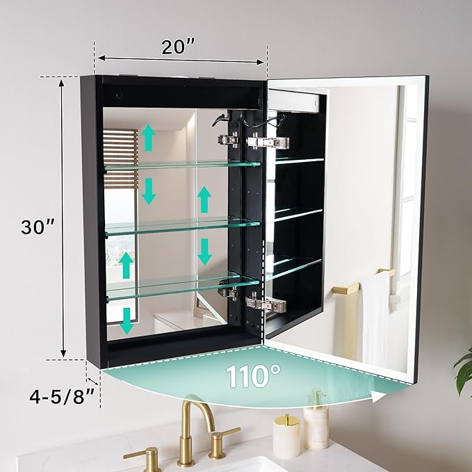 WELLFOR 20" X 30" LED Mirrored Medicine Cabinet, Medicine Cabinets with Lights for Bathroom, Defogging Function Mirror Cabinet, Bathroom Medicine Cabinet with USB Port & Outlet, Right Opening Doors