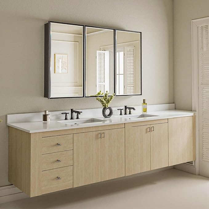 48x30 Black Medicine Cabinet with Mirror, Surface or Recessed Pre-Assembled Medicine Cabinet Mirror for Bathroom, Aluminum Beveled Frame Bathroom Vanity Mirror with Adjustable Shelves Storage