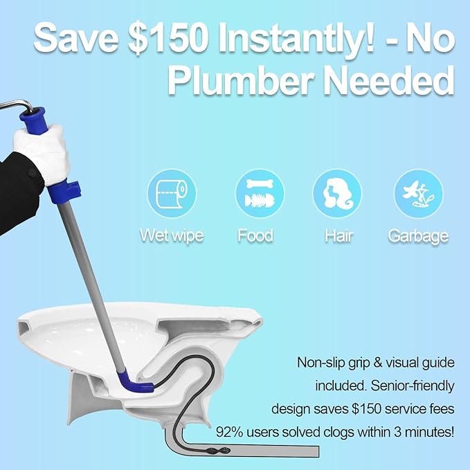 Toilet Snake Drain Clog Remover Tool, Closet Aauger Toilet Auger 6FT - Rust-Resistant with Non-Scratch Silicone Head, No Plumber Needed for Unclogging Toilets