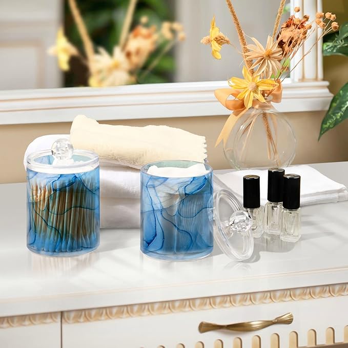 MNSRUU 4 Pack Qtip Holder Organizer Dispenser Blue Marble Fluid Art Bathroom Containers Bathroom Vanity Storage Canister Apothecary Jars for Cotton Swabs/Pads/Floss