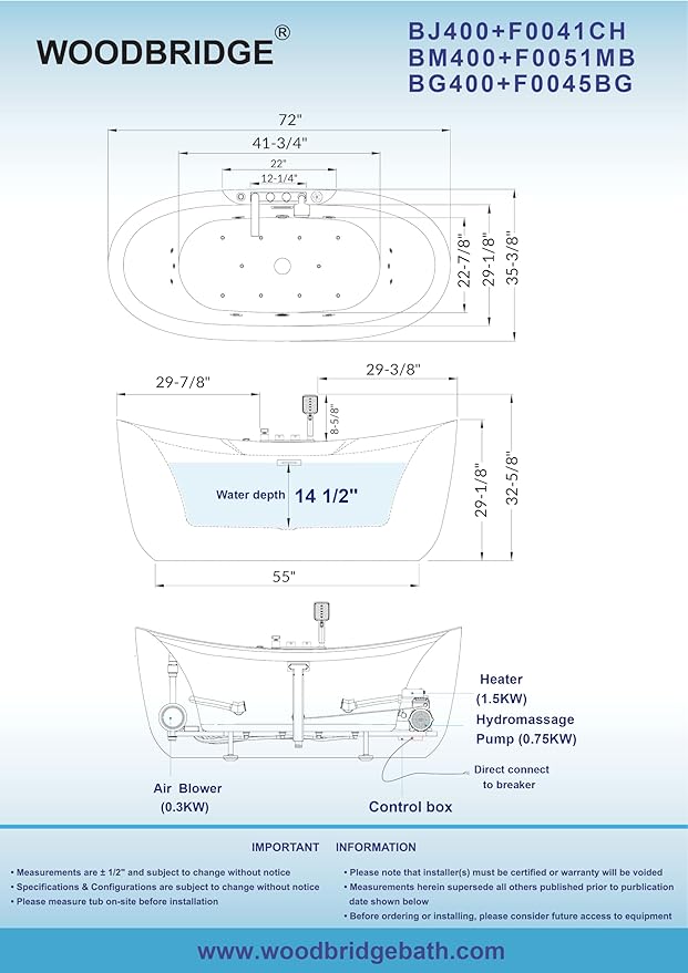 WOODBRIDGE 72" x 35-3/8" Whirlpool and Air Bath Heated Soaking Combination Tub with Adjustable Speed Air Blower and Display Control Panel, Brushed Gold Finish Trim and Drain Kit, BG400+F0045BG