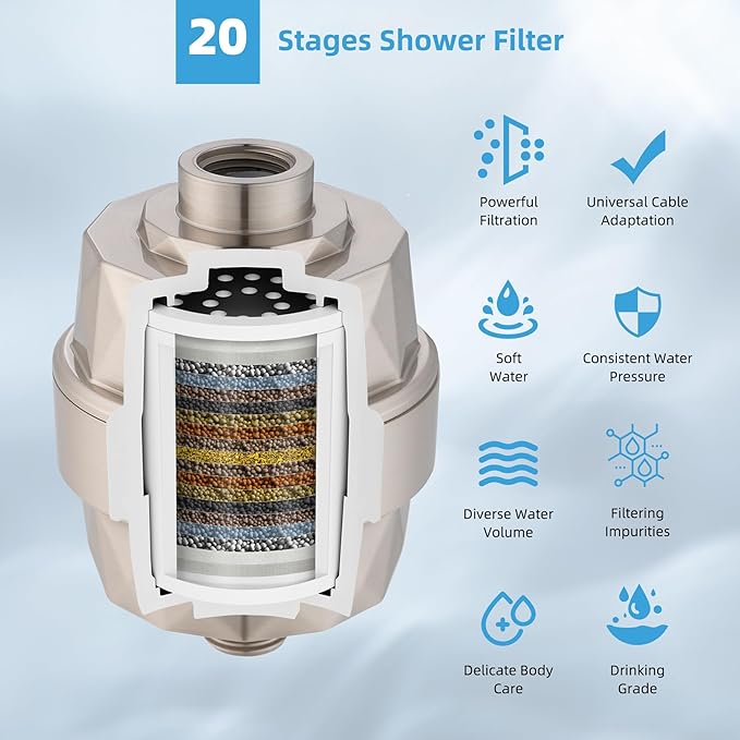 Hibbent All Metal Rain Filtered Shower Head, 12'' High Pressure Rainfall Showerhead with 16" Shower Extension Arm, 20 Stage Shower Filter, Solid Brass Adjustable Shower Arm Extender, Brushed Nickel