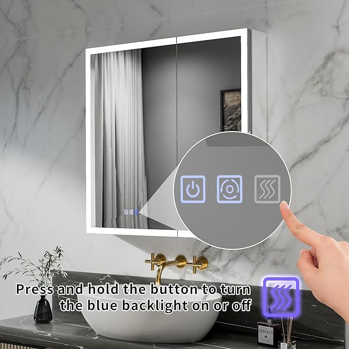 GroGro LED Lighted Bathroom Medicine Cabinet with Mirror,30" W x 30" H Medicine Cabinet with Lights,Surface or Recessed Mounting,Defog,Dimming,3-Color Temperature Adjustment