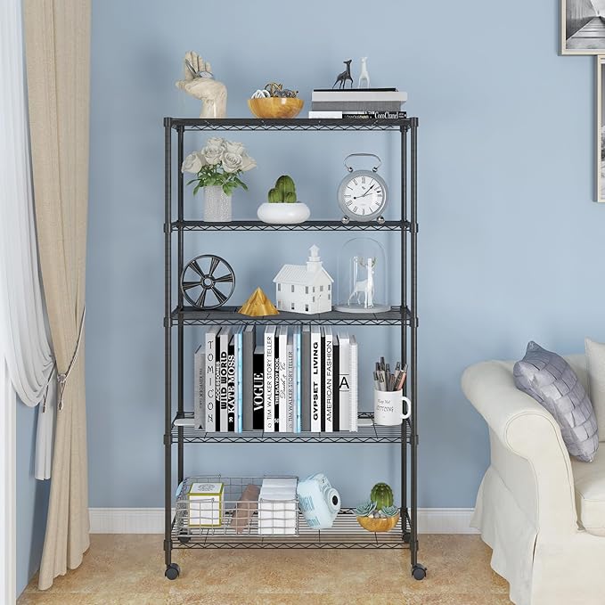 5 Tier Storage Racks Shelving, Heavy Steel Pantry Shelves, Adjustable Wire Shelving Rack with Wheels, Suitable for Garage, Kitchen, Bathroom, Office, 35" W x 14" D x 65" H, Black