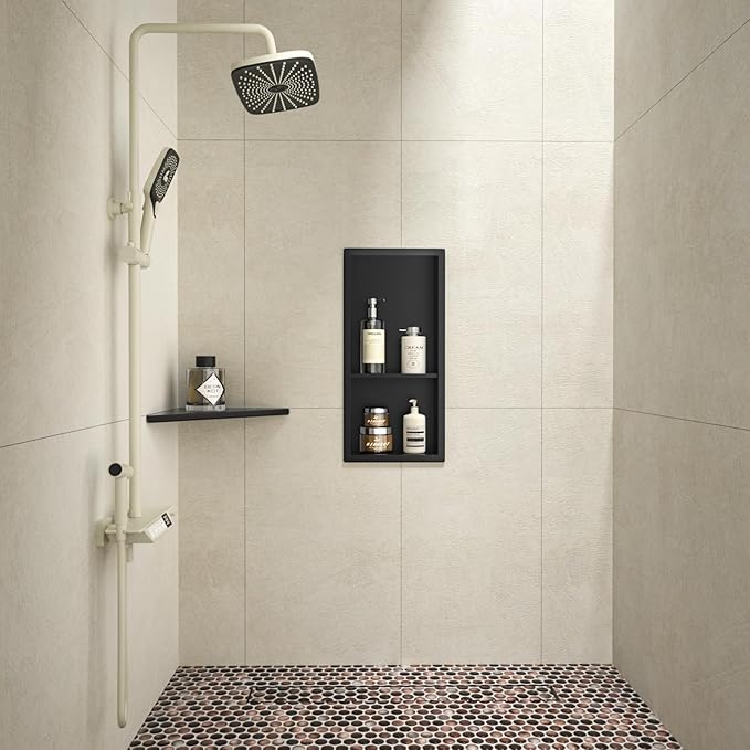 Stainless Steel Shower Niche 8"×18" with Shelf Matte Black No Tiled Needed Niche Shower for Bathroom Wall Recessed Shower Shelf for Bathroom Storage