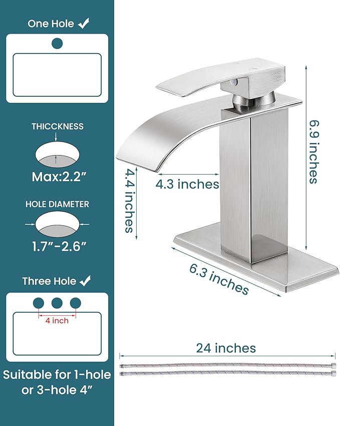 Bathroom Faucets Brushed Nickel Waterfall Bathroom Sink Faucet Modern Single Handle Bathroom Faucet for 1 or 3 Hole Mxier Tap Washbasin Faucet with Deck, Pop-up Drain and Supply Hoses