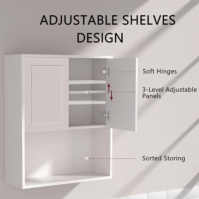 White Bathroom Wall Cabinet,Over The Toilet Storage Cabinet,Bathroom and Laundry Wall Mount Storage Medicine Cabinet with Open and Adjustable Shelf,Easy Assembly (Style A -1 PC, White)