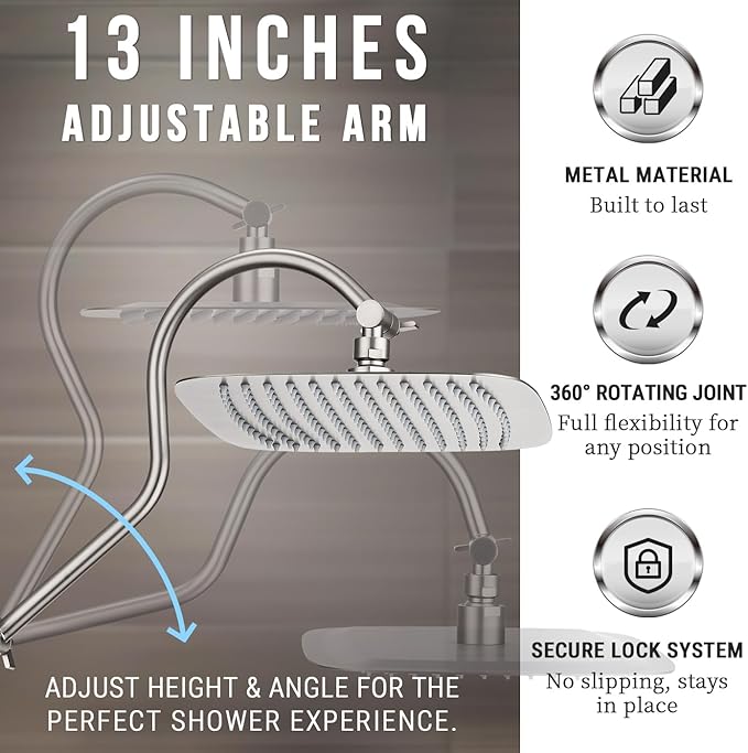 G-Promise 14 Inches Shower faucet Sets Complete, All Metal Rainfall Shower Head and Handle Set, Extended Downward Diverter, Extension Arm Pressure Balance Rough-in Valve and Tub Spout Included