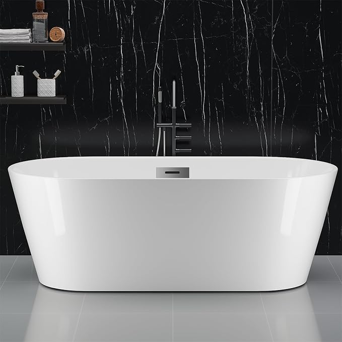 59 in Acrylic Freestanding Bathtub, Contemporary Stand Alone Tub,Glossy White Soaking Tub, Oval Bathtub with Chrome Overflow and Drain,CUPC Certified