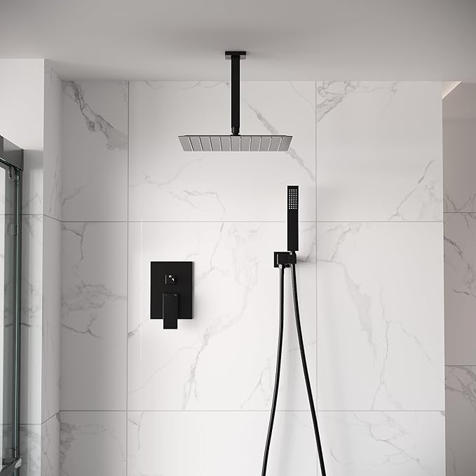 WELLFOR 12-In Ceiling Mount Shower System with Single Handle, Pressure-balanced Valve Included, Waterfall Dual Head Shower Head System, Rain Shower System, Shower Faucet Trim Kits, Matte Black