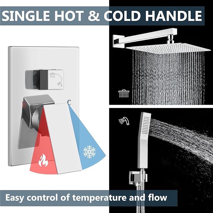 Aolemi Shower Faucet Set Rain Shower System with Handheld Spray Bathroom Shower Combo Rough-in Valve and Shower Trim Kit Included Polish Chrome 16 Inch Wall Mount Shower Head