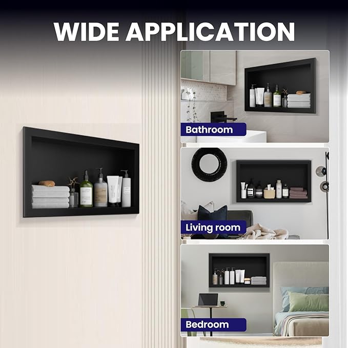Stainless Steel Shower Niche 12" x 24", Single-Layer Wall Mounted No Tile Needed, Recessed Shower Niche with Hollow Partition, Shower Niches Shelf for Bathroom Organizer, Black