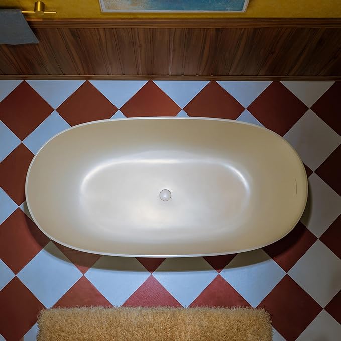 WOODBRIDGE 69" L x 32" W Stone Resin Luxury Contemporary Solid Surface Freestanding Soaking Bathtub in Cream with 2-Drain Covers Included