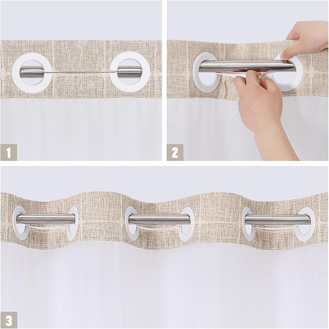 MitoVilla No Hooks Required Farmhouse Shower Curtain with Snap-in Liner - with Window & Magnets, Boho Cotton Linen Fabric Shower Curtains with Tassels for Rustic Bathroom Decor, Tan/Taupe, 72 x 74