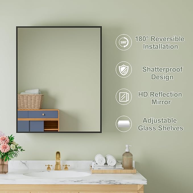Buruis 24" x 30" Framed Medicine Cabinet with Mirror, Recessed or Wall Mounted Bathroom Cabinet, Adjustable Tempered Glass Shelves, Left/Right Open Reversible, No Assembly Required, Black