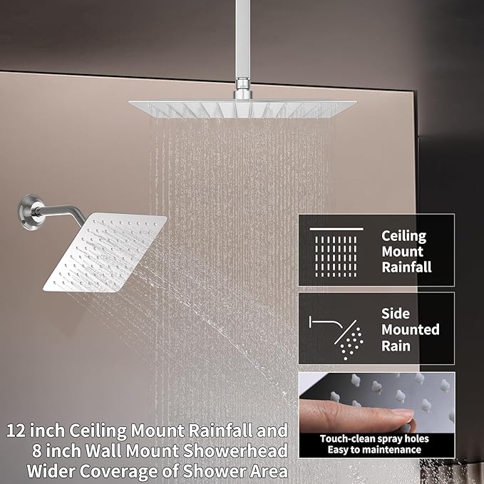 Thermostatic Shower System Chrome Shower Faucet Set, Four Modes Shower Faucet with 4 PCS Body Jet, Handheld Spray, 2 Rainfall Shower Head(12+8“)
