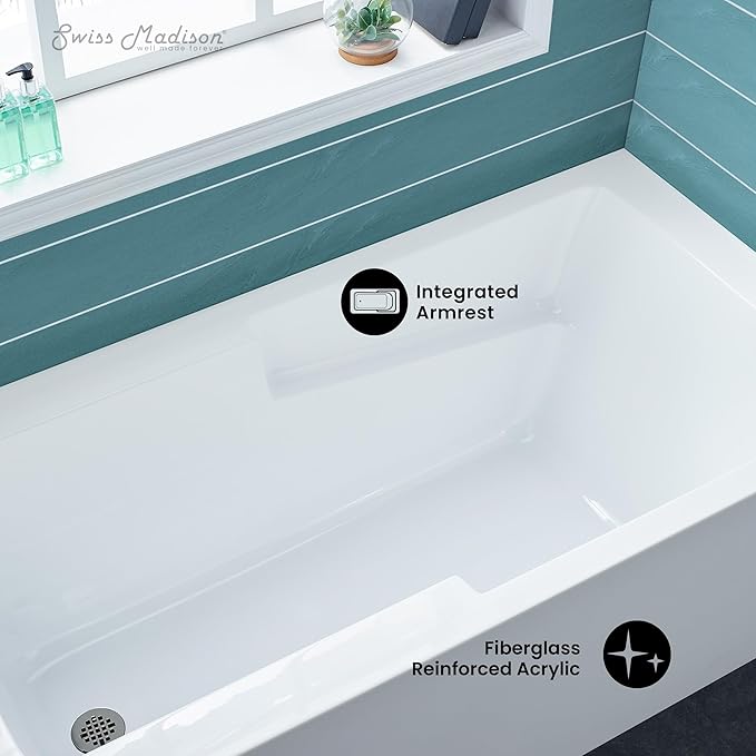 Swiss Madison Well Made Forever SM-AB543 Voltaire Alcove Tub with Armrest 60" x 32" in Glossy White