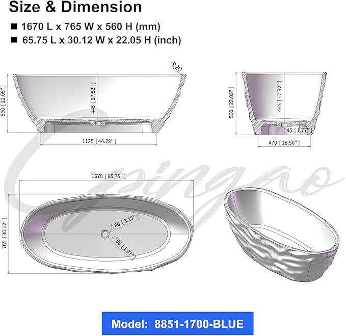 Cpingao 66" Resin Transparent Freestanding Bathtub, Contemporary Oval Stand Alone Tubs, Translucent Resin Freestanding Bath 1670 MM with Drain Lake Blue 8851-1700-BLUE