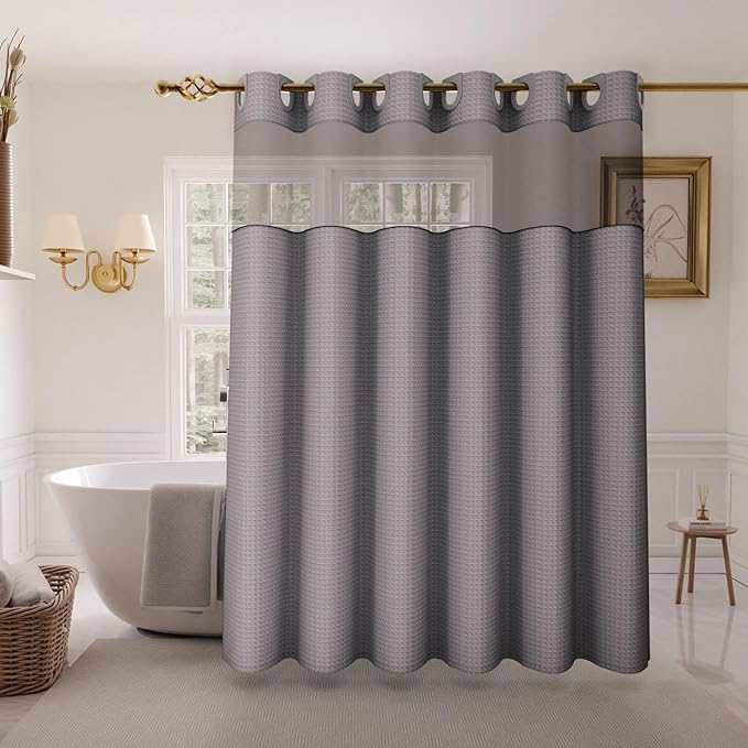 Inhousolu Long No Hook Shower Curtain with Snap in Fabric Liner Set Waffle Weave 230GSM Weighted Hem, Waterproof & Washable Bathroom Curtain Spa Luxury with Mesh Top Window 72" W x 78" L Grey