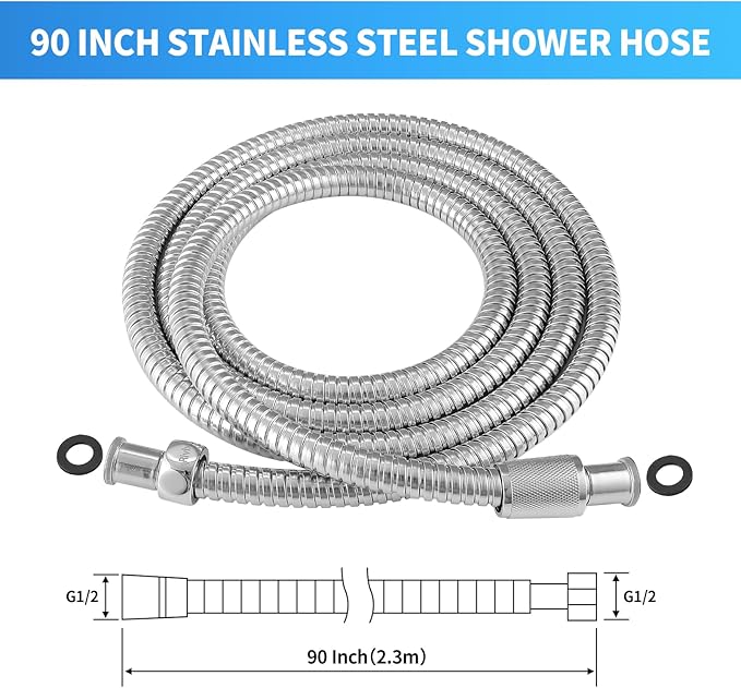 90 Inch Extra Long Stainless Steel Shower Hose - Flexible & Wear-Resistant with Chrome shower head with hose Plated Nut & Insert