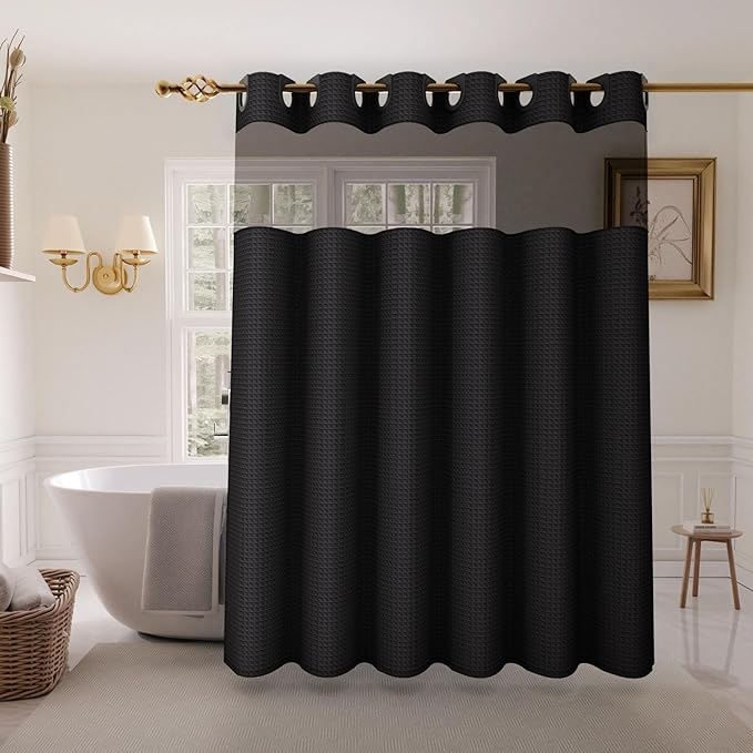 Inhousolu Stall No Hook Shower Curtain with Snap in Fabric Liner Set Waffle Weave 230GSM Weighted Hem, Waterproof & Washable Bathroom Curtain Spa Luxury with Mesh Top Window 60" W x 72" L Black