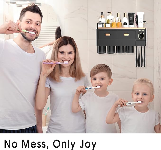 iHave Toothbrush Holders for Bathrooms - Upgrade Wall Mounted Toothbrush Holder with Toothpaste Dispenser - 4 Cups, Large Capacity Tray, 2 Cosmetic Drawer - Bathroom Organizers and Storage