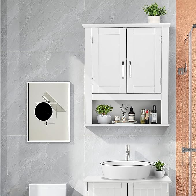 VINGLI Bathroom Wall Cabinet 21"x8.5"x25" Modern White Medicine Wall Mount Bathroom Cabinet Organizer Over The Toilet Storage with 2 Doors 1 Adjustable Shelf for Restroom Laundry Room Home Furniture
