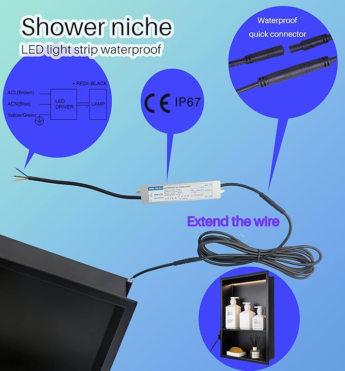 Black LED Shower Niche Stainless Steel 304 for Bathroom Storage Lighting,No Tile Need Recessed Wall Double-Shelves for Waterproof Lighting and Storage，Matte Black, 18" * 12"