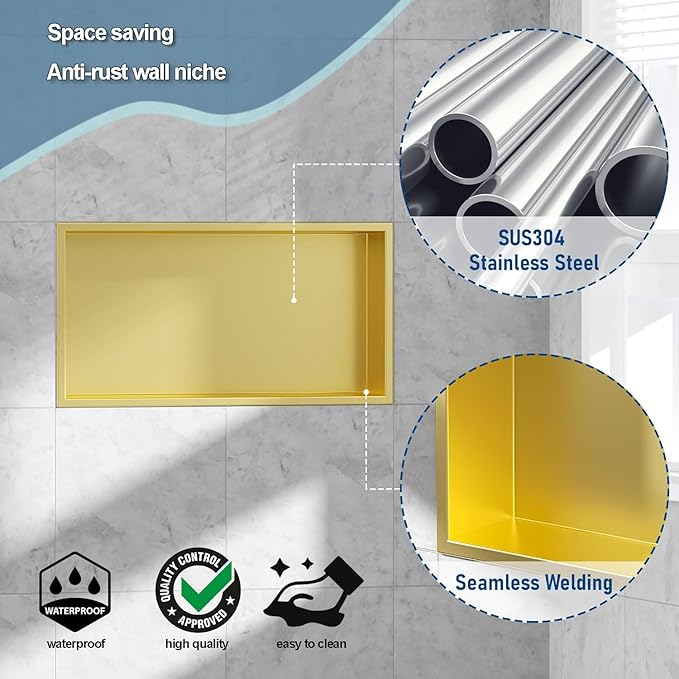 Neodrain No Tile Shower Niche, Golden Stainless Steel Wall Niche 25.1"X13.1"(Inner Size 24"X12"), NO Tile Needed Recessed Cabinet for Bathroom Storage, Waterproof Cubby