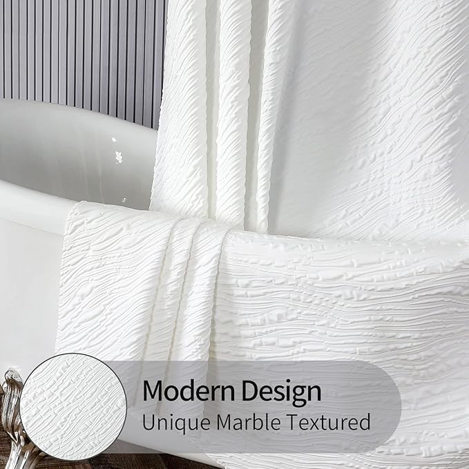 MitoVilla White Modern Fabric Shower Curtain, Farmhouse Waves Cloth Shower Curtains for Neutral Hotel Bathroom Decor, 3D Geometric Embossed Textured, Waterproof & Wrinkle Resistant, 72 x 72