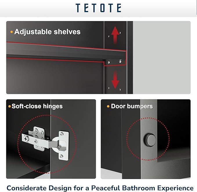 TETOTE 48x30 Inch Medicine Cabinet with Mirror Black Framed Bathroom Aluminum Framed Surface Recessed Wall-Mounted Medicine Cabinets Beveled Mirror with Storage 3 Door Modern Farmhouse
