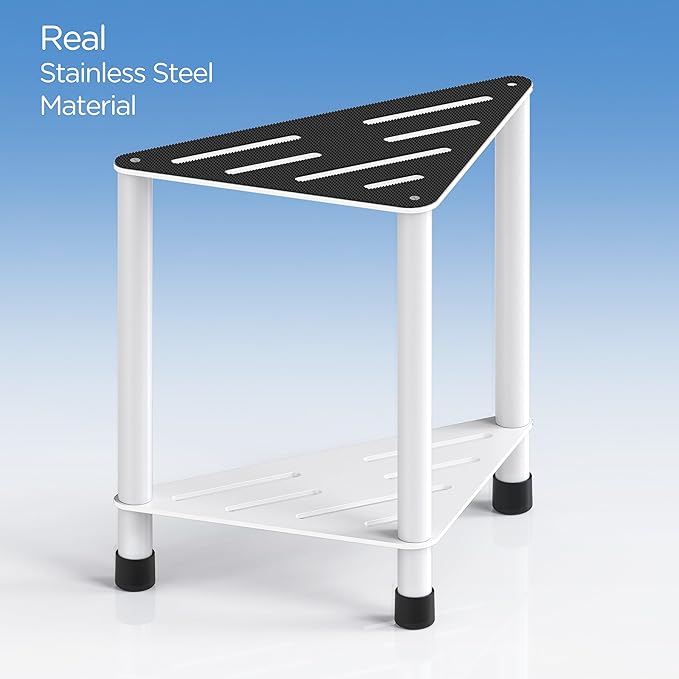 Stainless Steel Shower Stool for Inside Shower, 15.4'' H Shower Foot Rest, Corner Shower Stool with Storage Shelf, Shower Step for Shaving Legs, Bathroom Corner Shower Bench, White