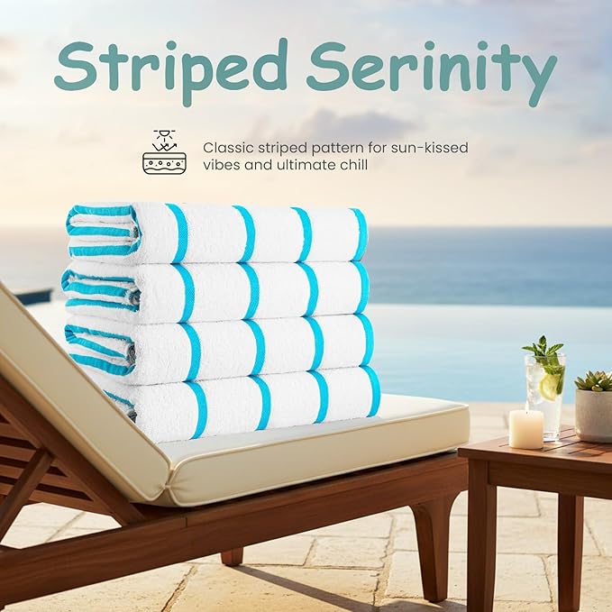 CASA COPENHAGEN Cabana Beach Towel Designed in Denmark Rough and Tough, Quick Dry, Pool, Bath & Shower 30x60 inches 4 Pieces Cotton Beach Bath Towels Set - White Teal Stripe