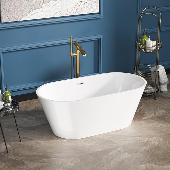 Sarlai 59 Inch Acrylic Freestanding Soaking Bathtub Contemporary Soaking White Tub Stand Alone Ergonomic Bathtub with Black Drain