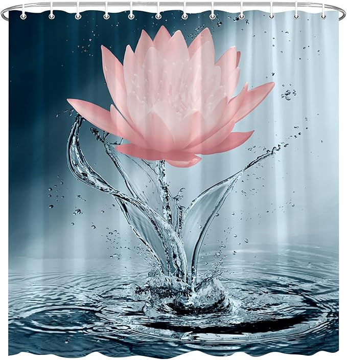 Lotus Shower Curtain Blue Red Flower Elegant Blooming Floral with Dew Spring Flower Reflection on Water Modern Romantic Polyester Fabric Bathroom Decor 60×70 Inch with Hook