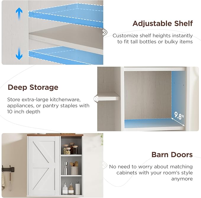 Bathroom Wall Cabinet, Farmhouse Medicine Cabinet with Barn Doors and Adjustable Shelves, 24'' Kitchen Wall Mounted Cabinet, Floating Over Toilet for Kitchen, Living Room